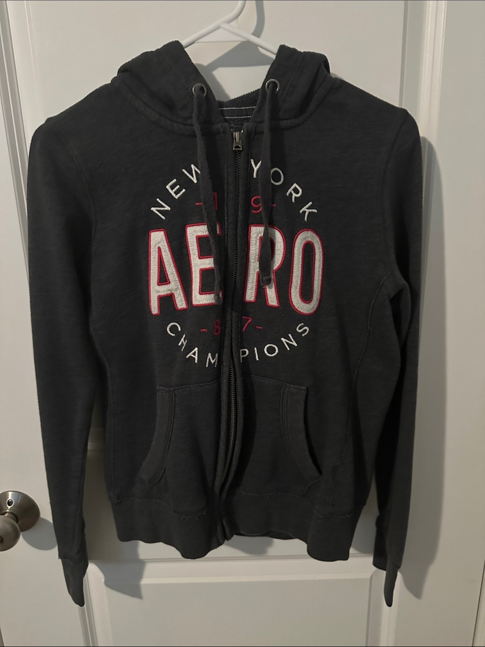 Aeropostale Black Zip-Up Hoodie with Red-Trim Logo